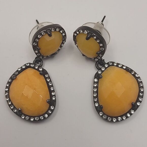 Orange Agate, Austrian Crystal Earrings in ION Plated Black Stainless St… - Picture 2 of 7
